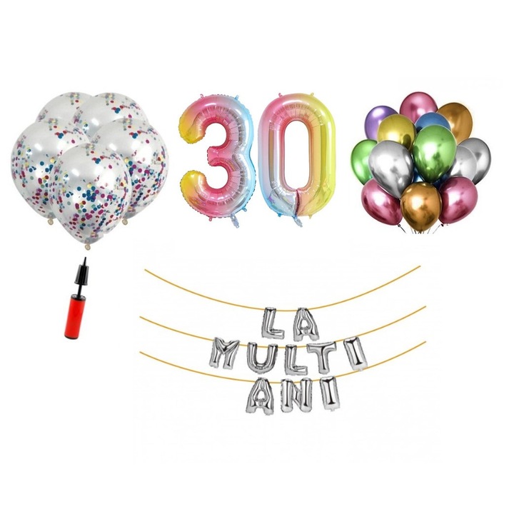 Set 33 baloane, La Multi Ani aniversare 30 ani, cifre folie 100 cm, curcubeu