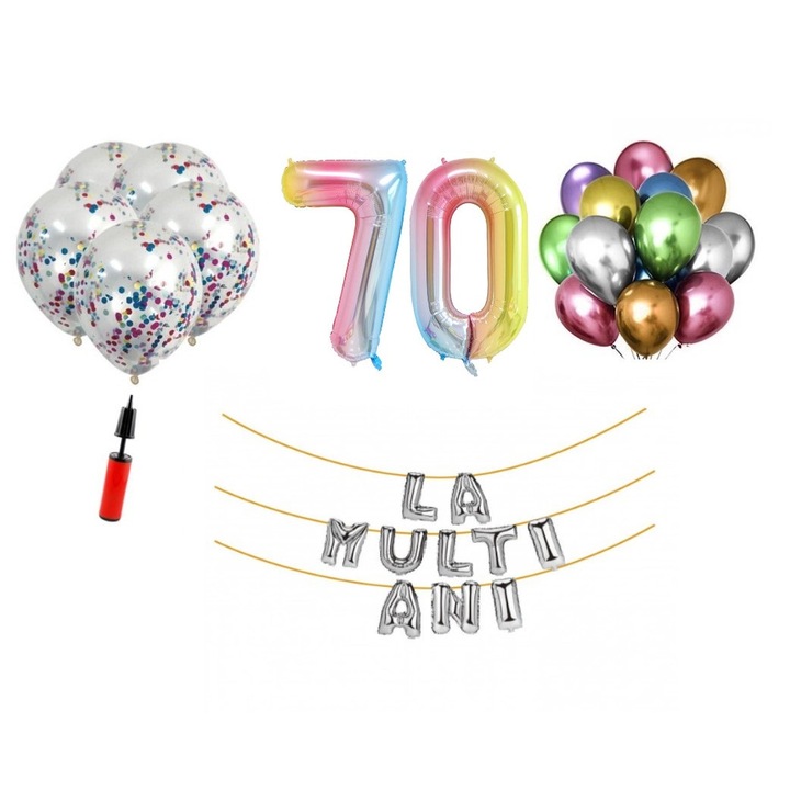 Комплект 33 балона, Domi Party & Gifts, Честит рожден ден, 70 години, фолио цифри 100 см, дъга