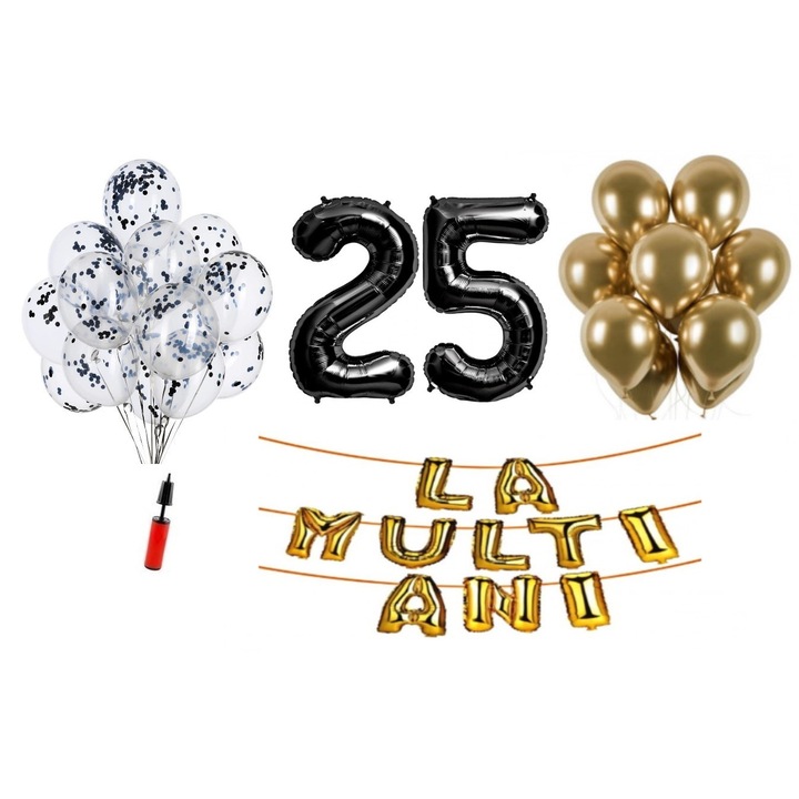 Set baloane, 33 elemente, La Multi Ani aniversare 25 ani, cifre folie 101 cm, negru