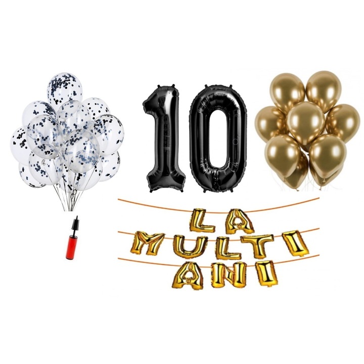 Комплект 33 балона, Domi Party & Gifts, Happy Birthday 10 year Юбилей, фолио цифри 100 см, черен