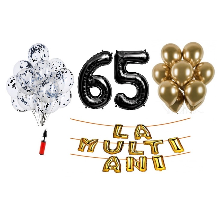 Set 33 baloane, Domi Party & Gifts, La Multi Ani aniversare 65 ani, cifre folie 100 cm, negru