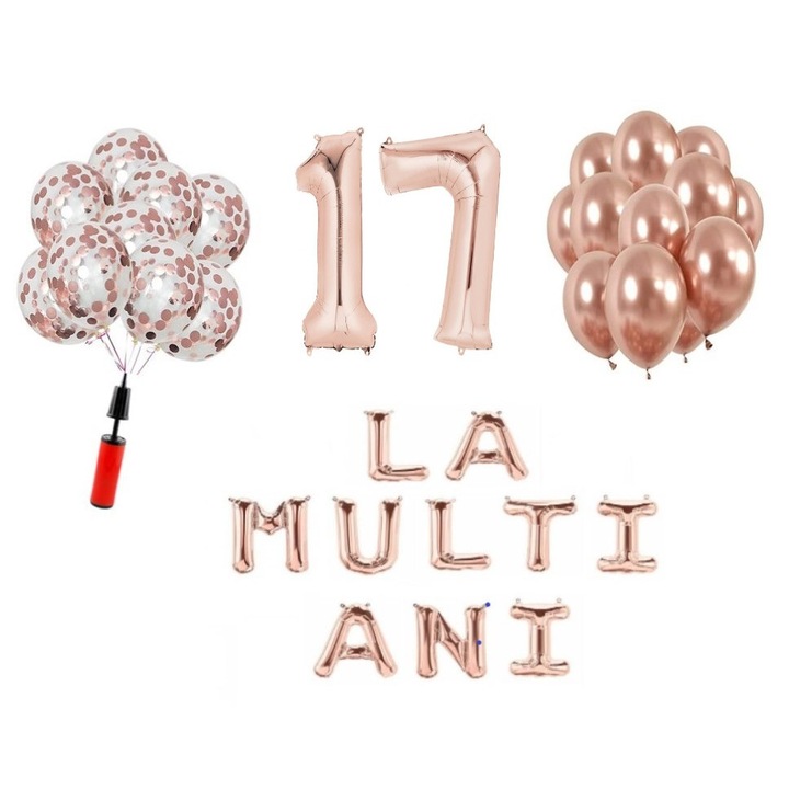 Комплект 33 балона, Domi Party & Gifts, Честит рожден ден, 17 годишнина, фолио цифри 100 см, розово злато