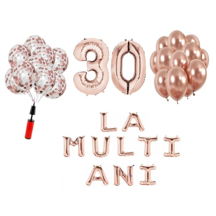 Комплект 33 балона, Domi Party & Gifts, Честит рожден ден, 30 годишнина, фолио цифри 100 см, розово злато