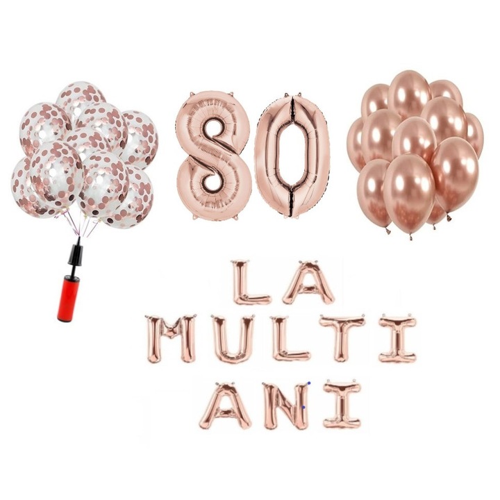 Set baloane, 33 elemente, La Multi Ani aniversare 80 ani, cifre folie 101 cm, rose gold