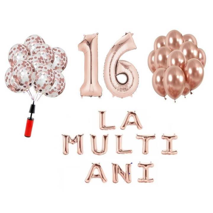 Set baloane, 33 elemente, La Multi Ani aniversare 16 ani, cifre folie 101 cm, rose gold