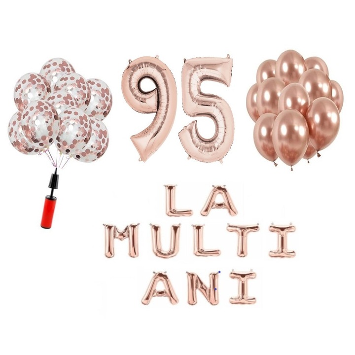 Комплект 33 балона, Domi Party & Gifts, Честит рожден ден, 95 годишнина, фолио цифри 100 см, розово злато