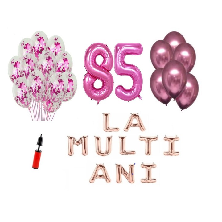 Set baloane, 33 elemente, La Multi Ani aniversare 85 ani, cifre folie 101 cm, roz