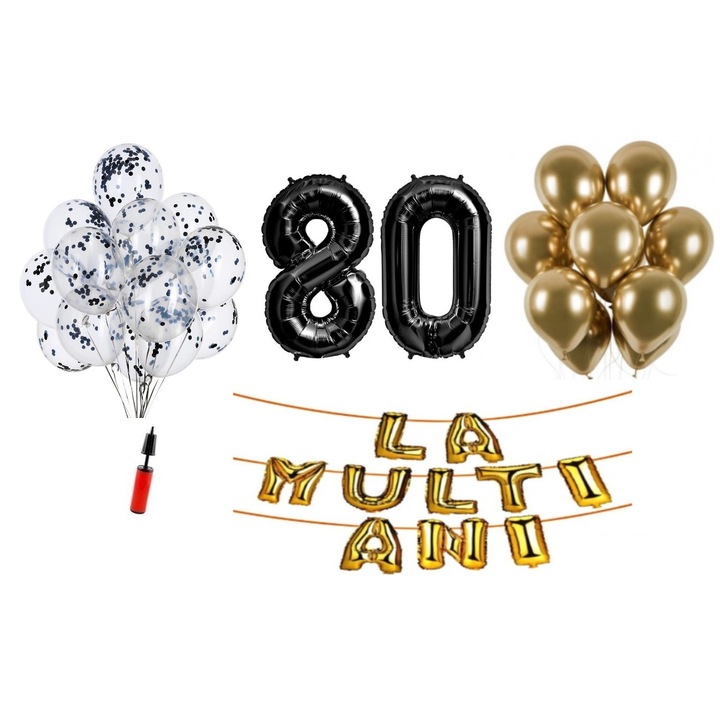 Set 33 baloane, Domi Party & Gifts, La Multi Ani aniversare 80 ani, cifre folie 100 cm, negru