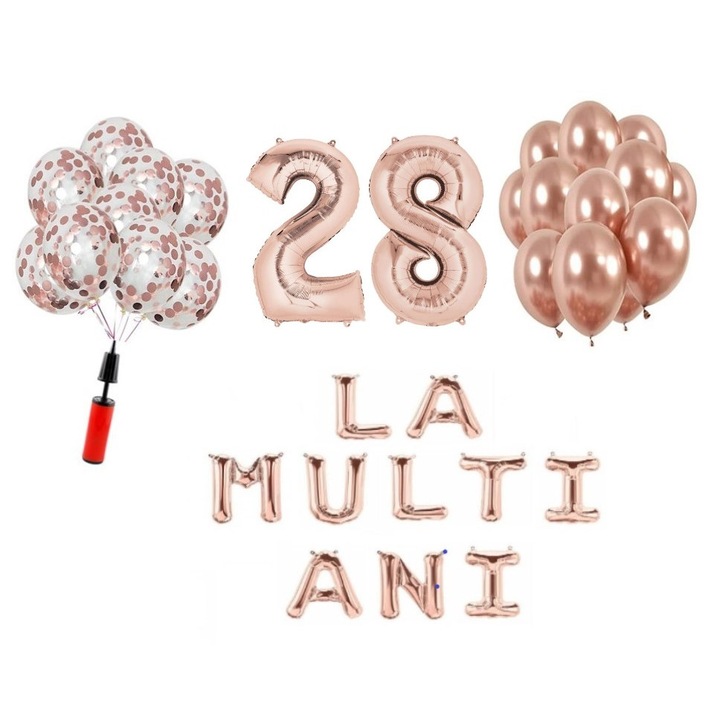 Комплект 33 балона, Domi Party & Gifts, Честит рожден ден, 28 годишнина, фолио цифри 100 см, розово злато