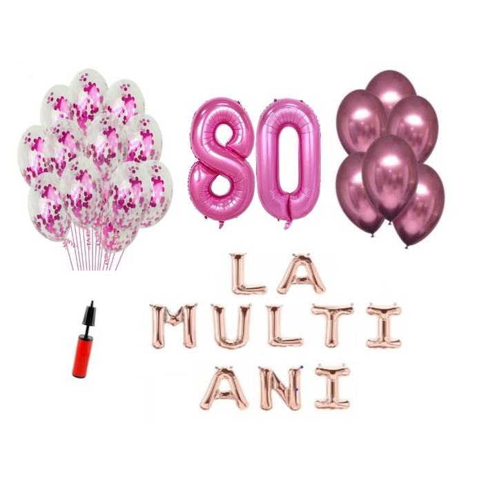 Set 33 baloane, Domi Party & Gifts, La Multi Ani aniversare 80 ani, cifre folie 100 cm, roz