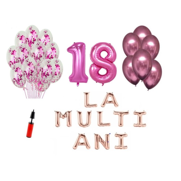 Set 33 baloane, La Multi Ani aniversare 18 ani, cifre folie 100 cm, roz