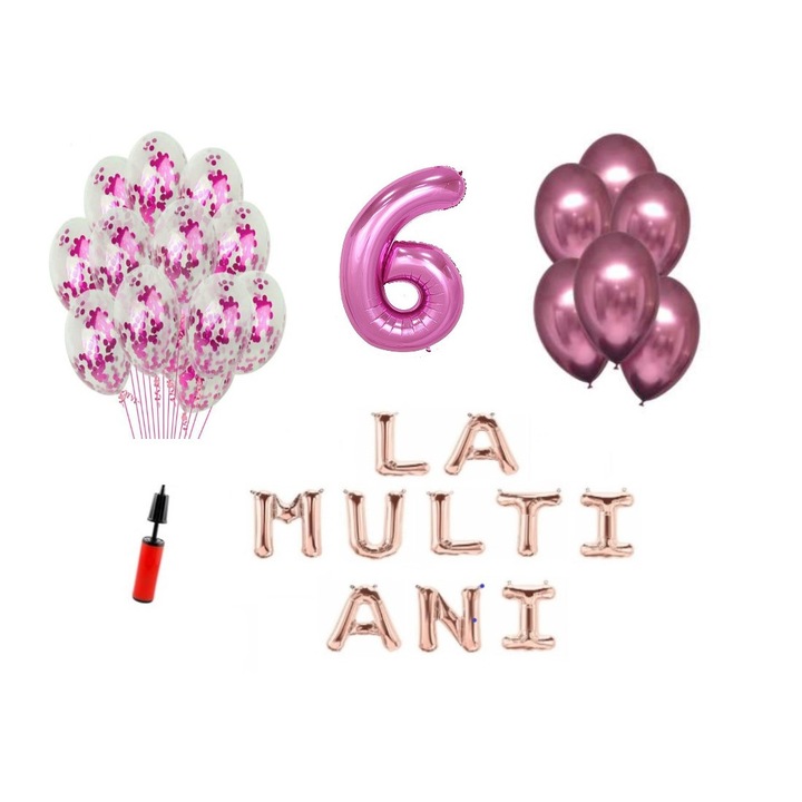 Set baloane, 32 elemente, La Multi Ani aniversare 6 ani, cifra folie 101 cm, roz