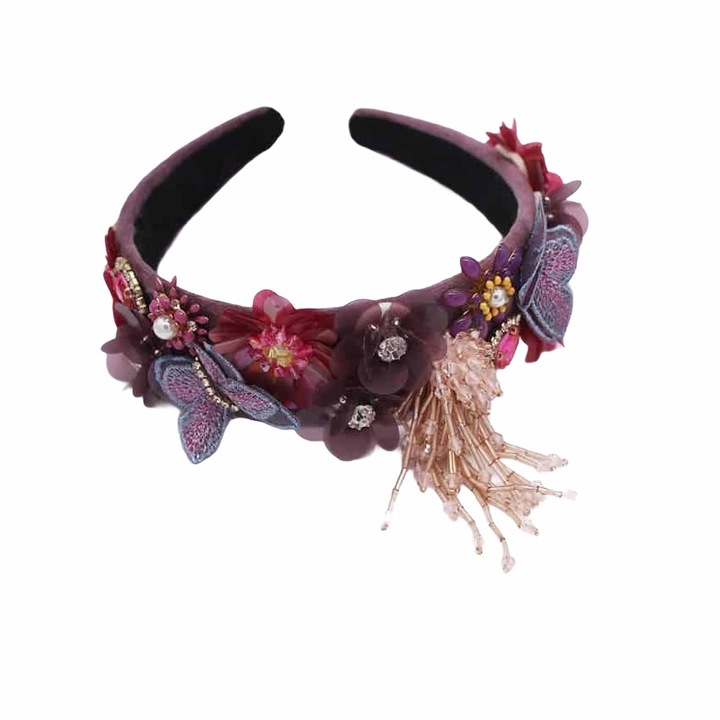 Bentita mov, cu fluturi si flori, Majlene C1, Textil, Pursehuit