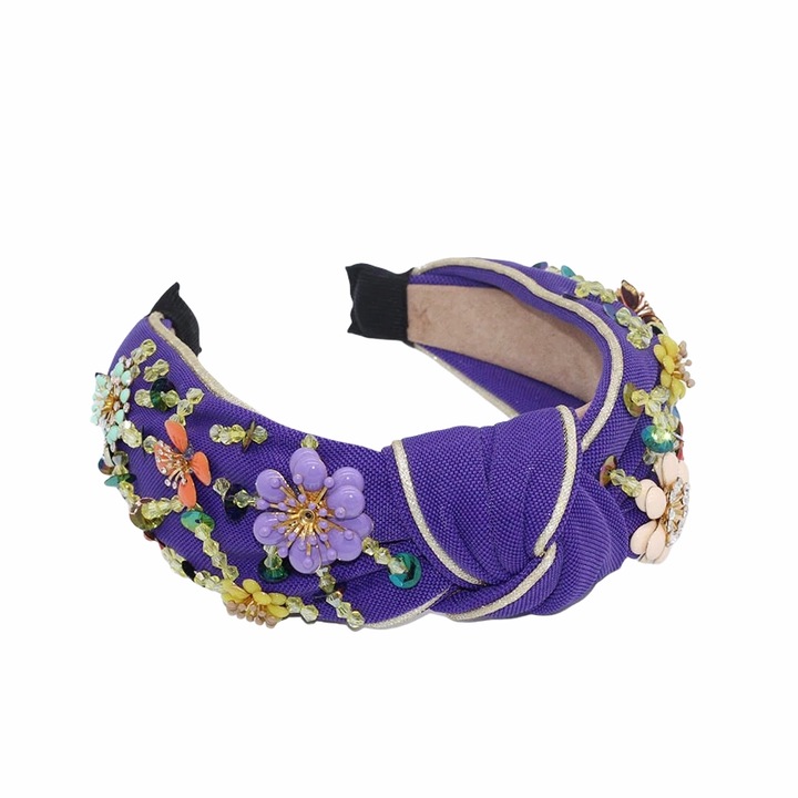 Bentita mov, cu nod si aplicatii florale, Mintha C3, Textil, Pursehuit