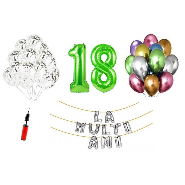 Set 33 baloane, La Multi Ani aniversare 18 ani, cifre folie 100 cm, verde