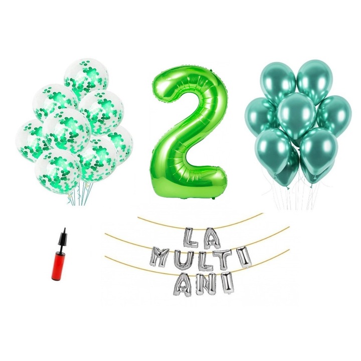 Set baloane, 32 elemente, La Multi Ani aniversare 2 ani, cifra folie 1.01 m, verde