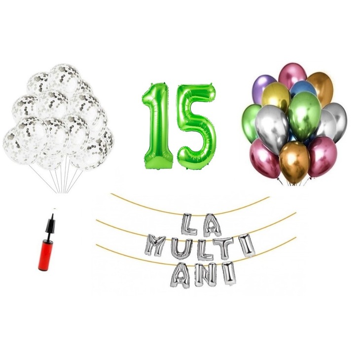 Set 33 baloane, La Multi Ani aniversare 15 ani, cifre folie 100 cm, verde