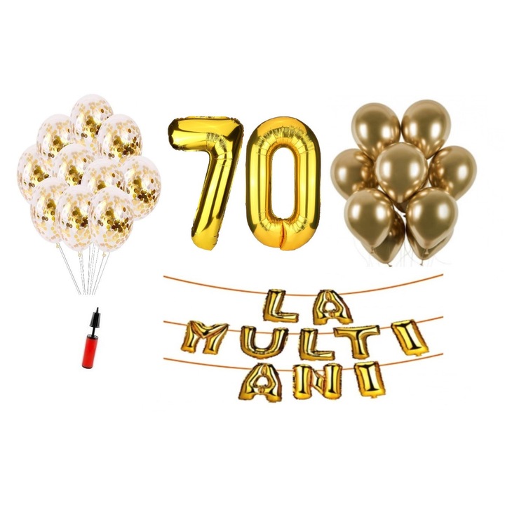Комплект 33 балона, Domi Party & Gifts, Честит рожден ден, 70 годишнина, фолио цифри 100 см, злато