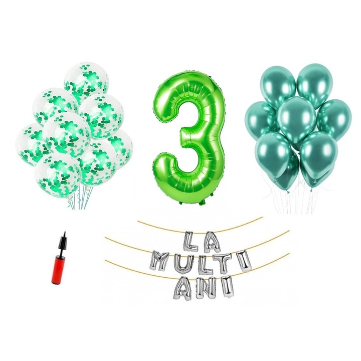 Set baloane, 32 elemente, La Multi Ani aniversare 3 ani, cifra folie 1.01 m, verde