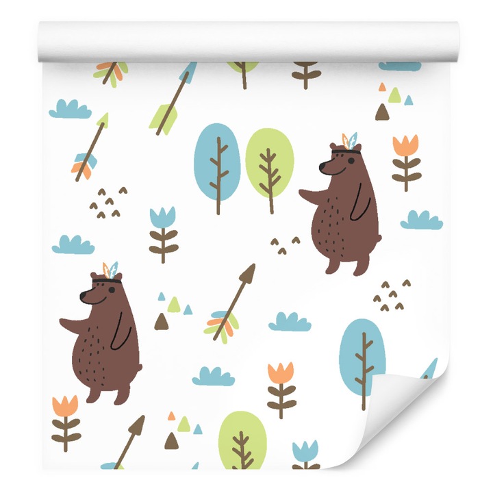Tapet ursi nori copaci camera baiatului 53cm x 10m Flori, Natura, Forestiere, Multicolor, Rola, Animal salbatice
