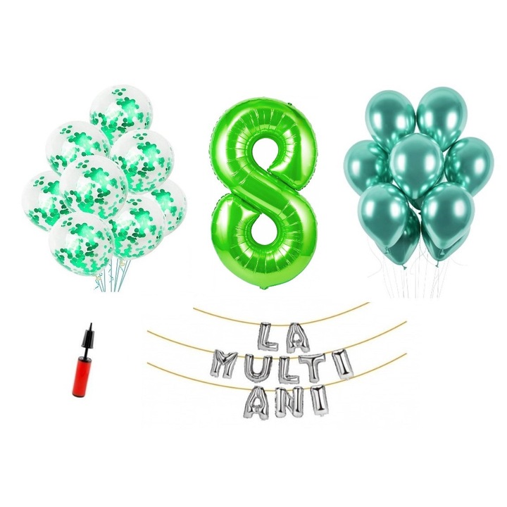 Set baloane, 32 elemente, La Multi Ani aniversare 8 ani, cifra folie 1.01 m, verde