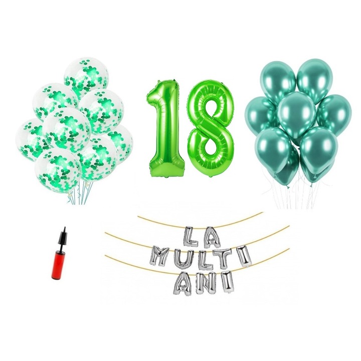 Set 33 baloane, La Multi Ani aniversare 18 ani, cifre folie 1 m, verde