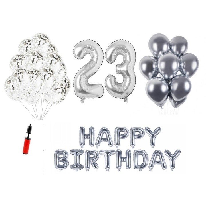 Комплект 33 балона, Domi Party & Gifts, Happy Birthday 23 години юбилей, фолио цифри 100 см, сребро