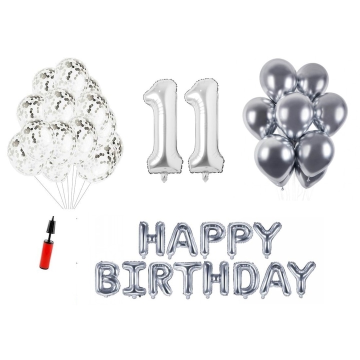 Set 33 baloane, Domi Party & Gifts, Happy Birthday aniversare 11 ani, cifre folie 100 cm, argintiu