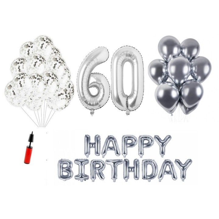 Комплект 33 балона, Domi Party & Gifts, Честит рожден ден 60 години, фолио цифри 100 см, сребро