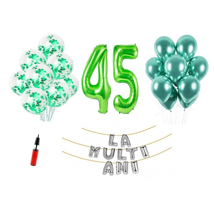 Set 33 baloane, Domi Party & Gifts, La Multi Ani aniversare 45 ani, cifre folie 1 m, verde