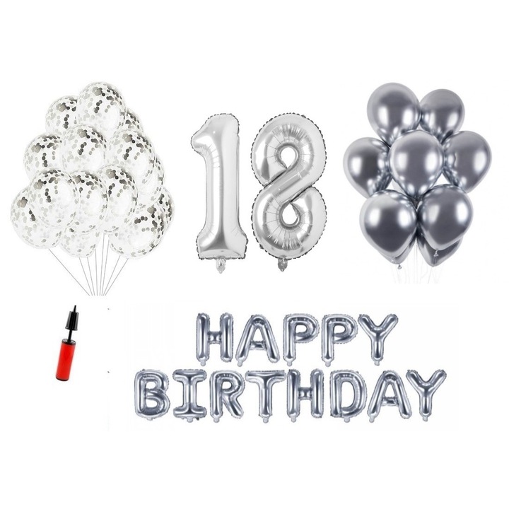 Комплект 36 балона, Happy Birthday 18 години, фолио цифри 100 см, сребро