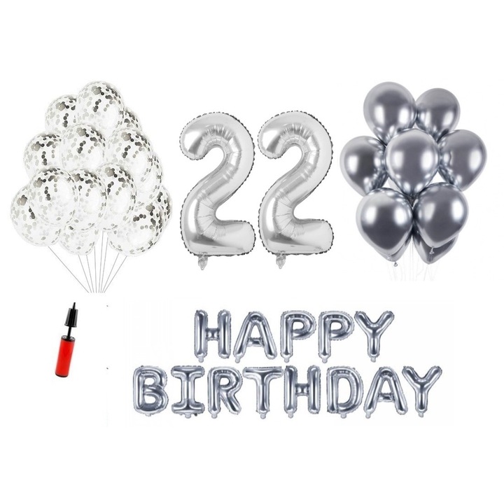 Set baloane, 36 elemente, Happy Birthday aniversare 22 ani, cifre folie 101 cm, argintiu