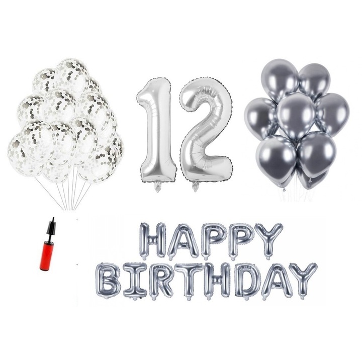 Комплект балони, 36 елемента, Happy Birthday 12 години, фолио цифри 101 см, сребро