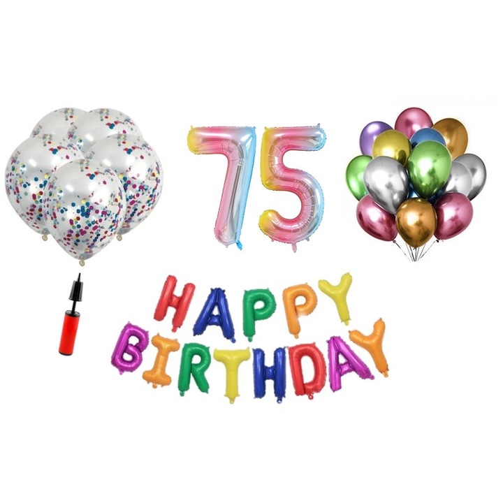 Комплект 33 балона, Domi Party & Gifts, Happy Birthday 75 години юбилей, фолио цифри 100 см, дъга