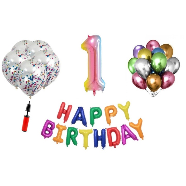Комплект балони, 35 елемента, Happy Birthday 1 year юбилей, фолио номер 101 см, дъга