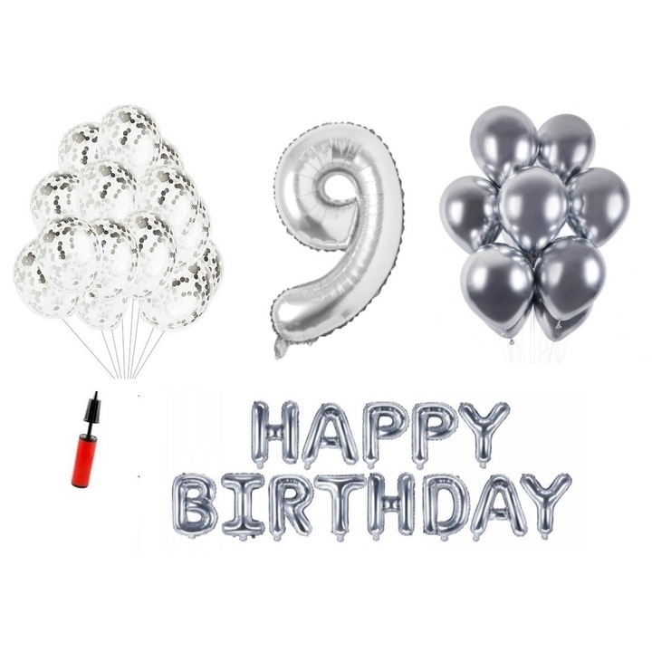 Set baloane, 35 elemente, Happy Birthday aniversare 9 ani, cifra folie 101 cm, argintiu