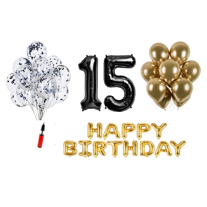 Комплект 33 балона, Domi Party & Gifts, Happy Birthday 15 години юбилей, фолио цифри 100 см, черен