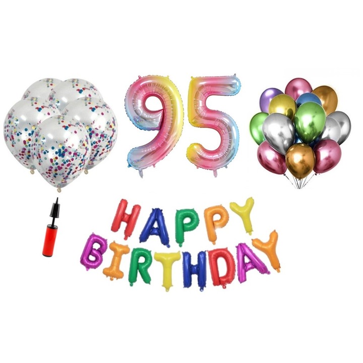 Комплект 33 балона, Domi Party & Gifts, Happy Birthday 95 години юбилей, фолио цифри 100 см, дъга