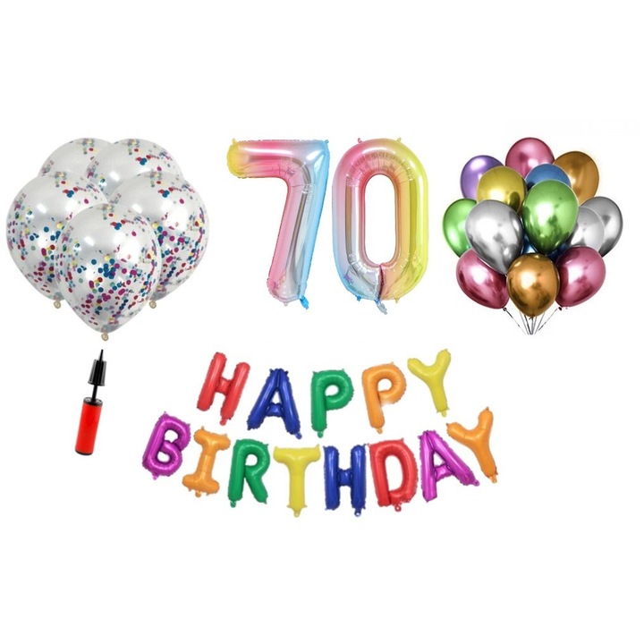 Комплект балони, 36 елемента, Happy Birthday 70 години юбилей, фолио цифри 101 см, дъга