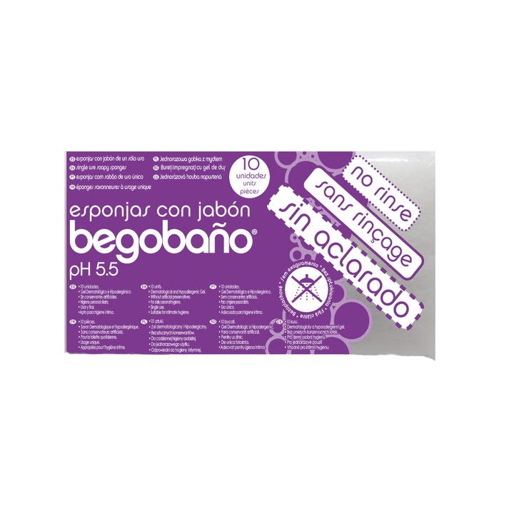 Set 10 bucati Bureti impregnati cu gel de dus care nu necesita clatire, Begobano, unica folosinta, pH 5.5, alb