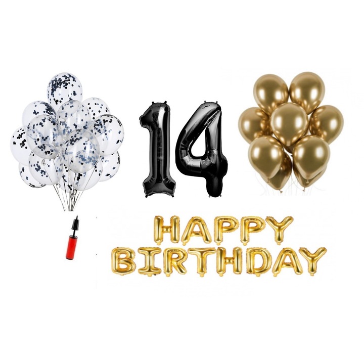 Комплект балони, Честит рожден ден 14 години, Фолио, Цифри, 101 см, Черен, 36 Части