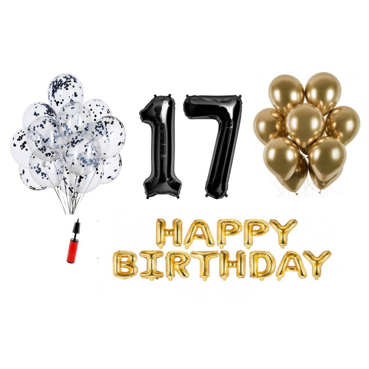 Комплект 33 балона, Domi Party & Gifts, Happy Birthday 17 години юбилей, фолио цифри 100 см, черни
