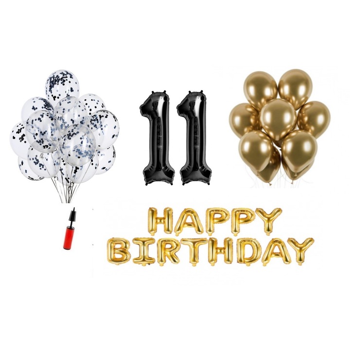 Комплект 33 балона, Domi Party & Gifts, Happy Birthday 11 години юбилей, фолио цифри 100 см, черен