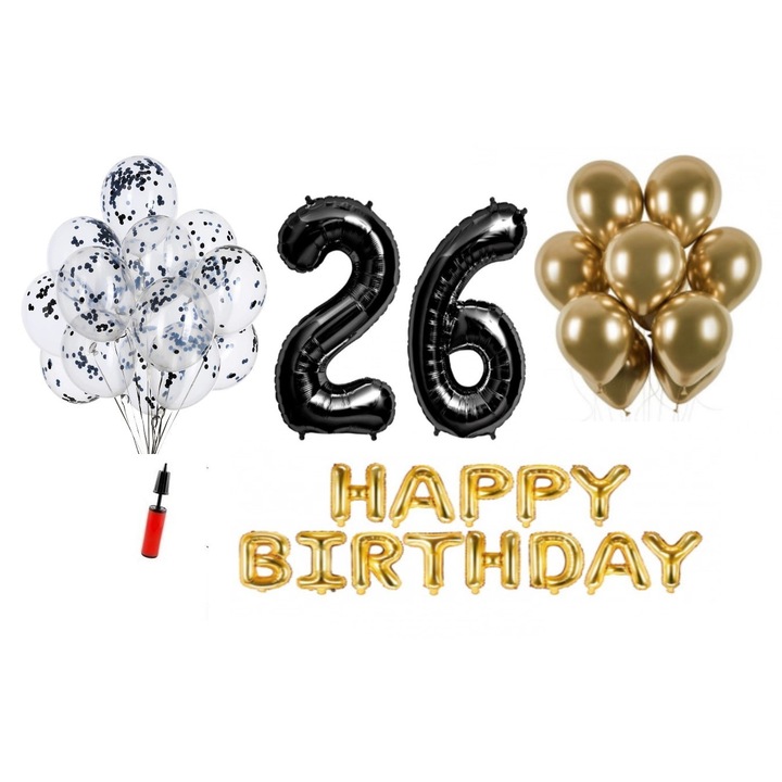 Комплект 33 балона, Domi Party & Gifts, Happy Birthday 26 години юбилей, фолио цифри 100 см, черен