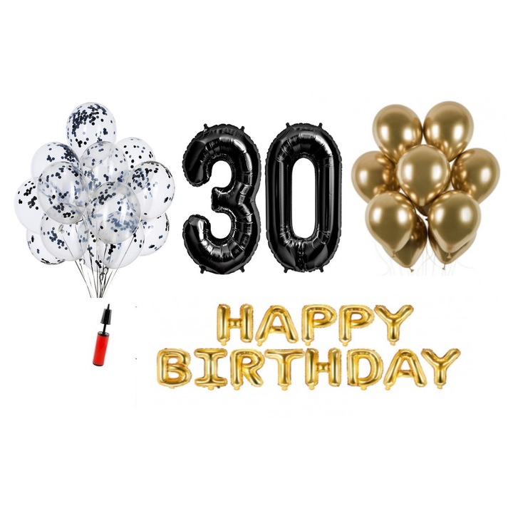 Комплект 33 балона, Domi Party & Gifts, Happy Birthday 30 years Юбилей, фолио цифри 100 см, черен