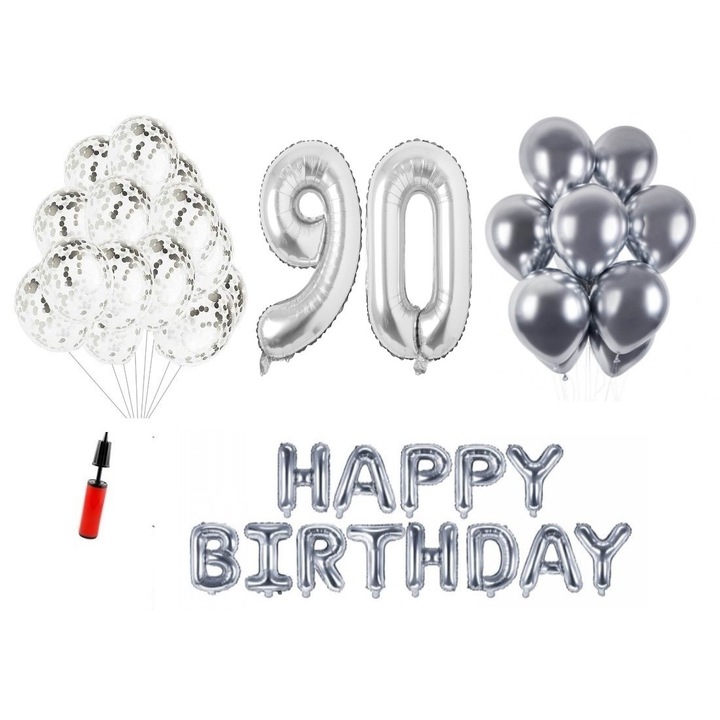 Set 36 baloane, Happy Birthday aniversare 90 ani, cifre folie 100 cm, argintiu