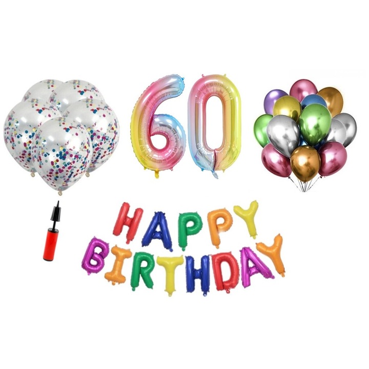 Комплект 33 балона, Domi Party & Gifts, Честит рожден ден 60 години, фолио цифри 100 см, дъга