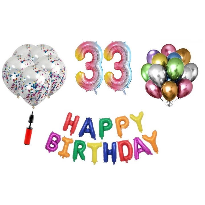 Комплект 33 балона, Domi Party & Gifts, Happy Birthday 33 години юбилей, фолио цифри 100 см, дъга