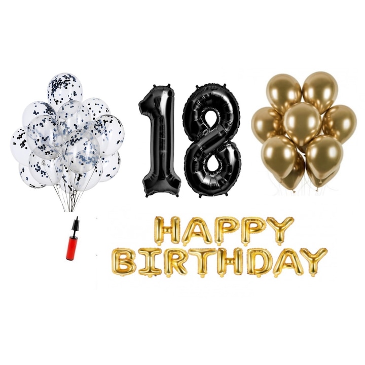 Комплект балони, 36 елемента, Happy Birthday 18 години, фолио цифри 101 см, черен