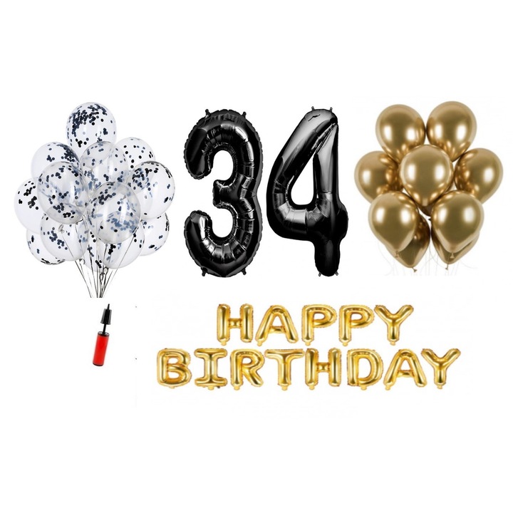Комплект 36 балона, Happy Birthday 34 години юбилей, фолио цифри 100 см, черни